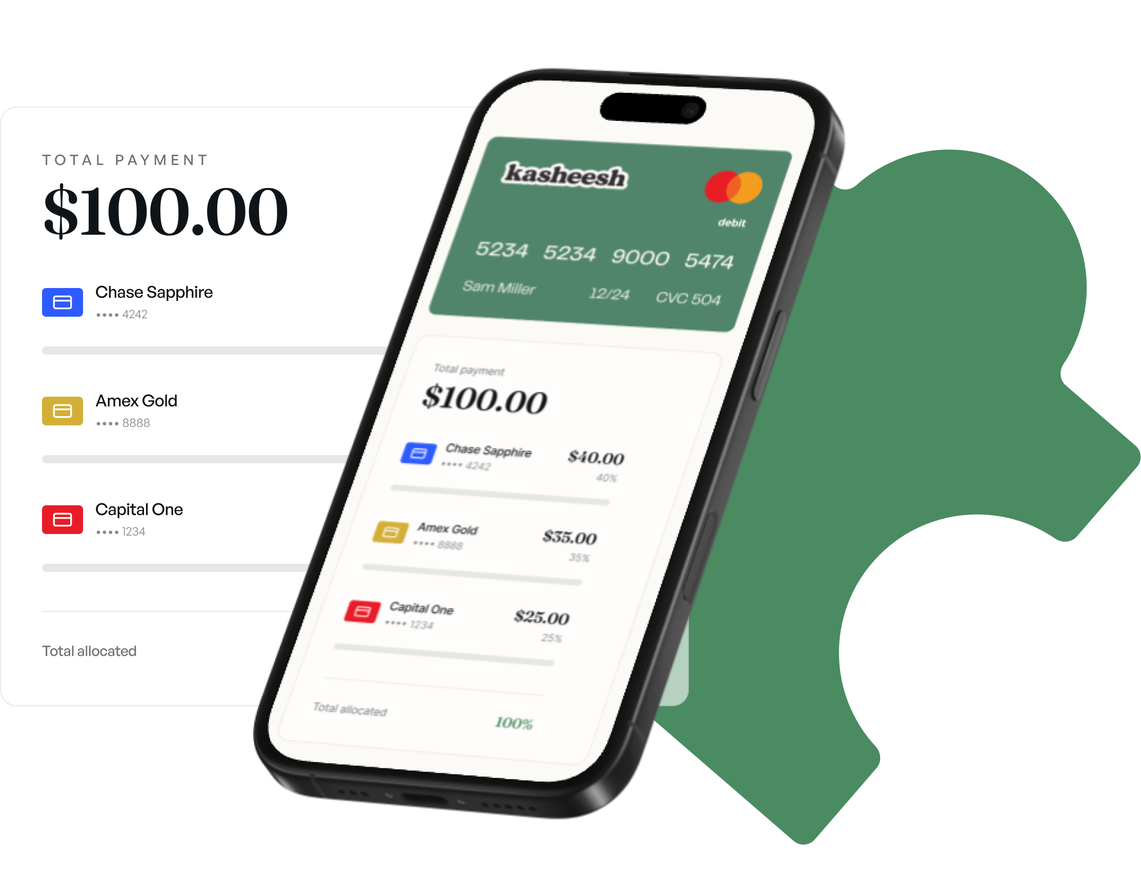 Kasheesh app splitting a $100 payment across Chase Sapphire, Amex Gold, and Capital One